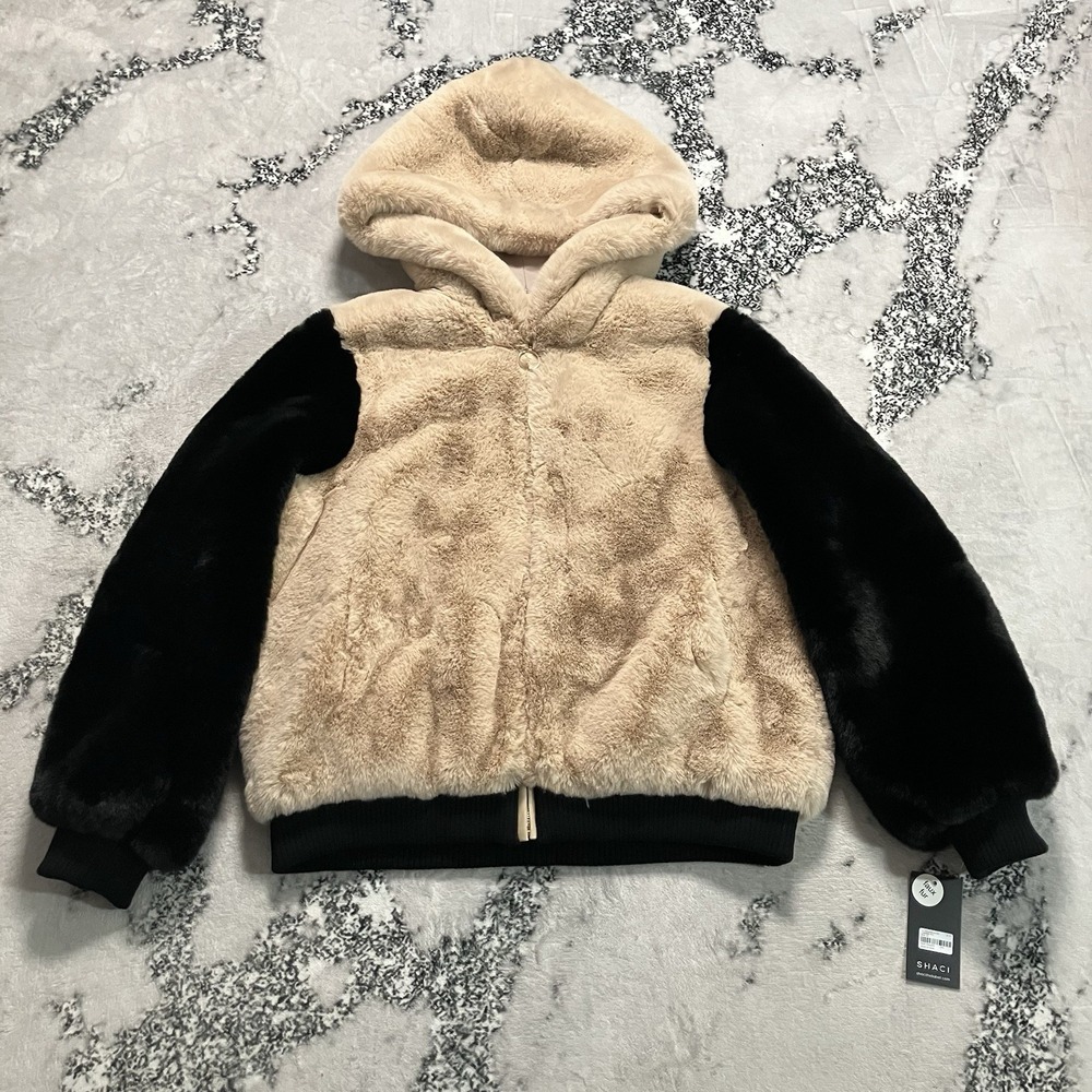 SHACI Coat Womens Size 2X Faux Fur‎ Hooded Jacket Cream Black Zip Up Plush Teddy